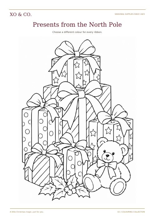 Presents from the North Pole colouring page