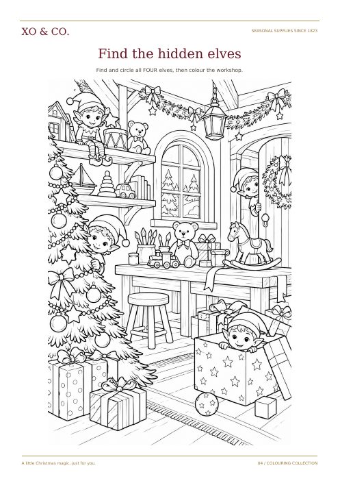 Find the hidden elves colouring page