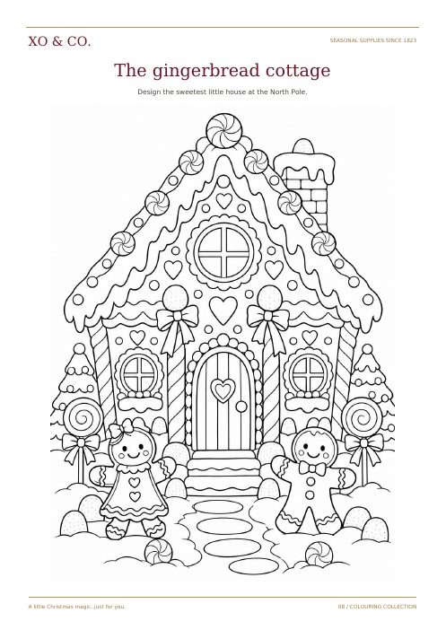 The gingerbread cottage colouring page